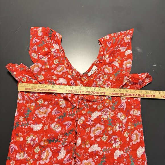 Q&A Women’s‎ 100% Cotton Red Floral Ruffle Short Sleeve Top Button V-Neck Blouse - Picture 10 of 13